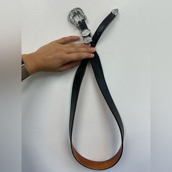 Nocona Vintage Black Leather Western Belt Silver Tone Hardware Buckle Size L - Picture 6 of 9